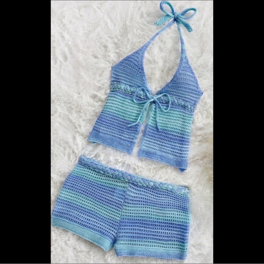 Blue and Green Crochet Halter Top and Shorts Set
